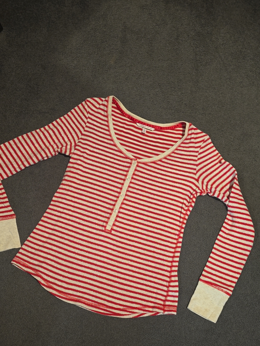 Victoria's Secret Red & Cream Stripe Henley Long Sleeve Top